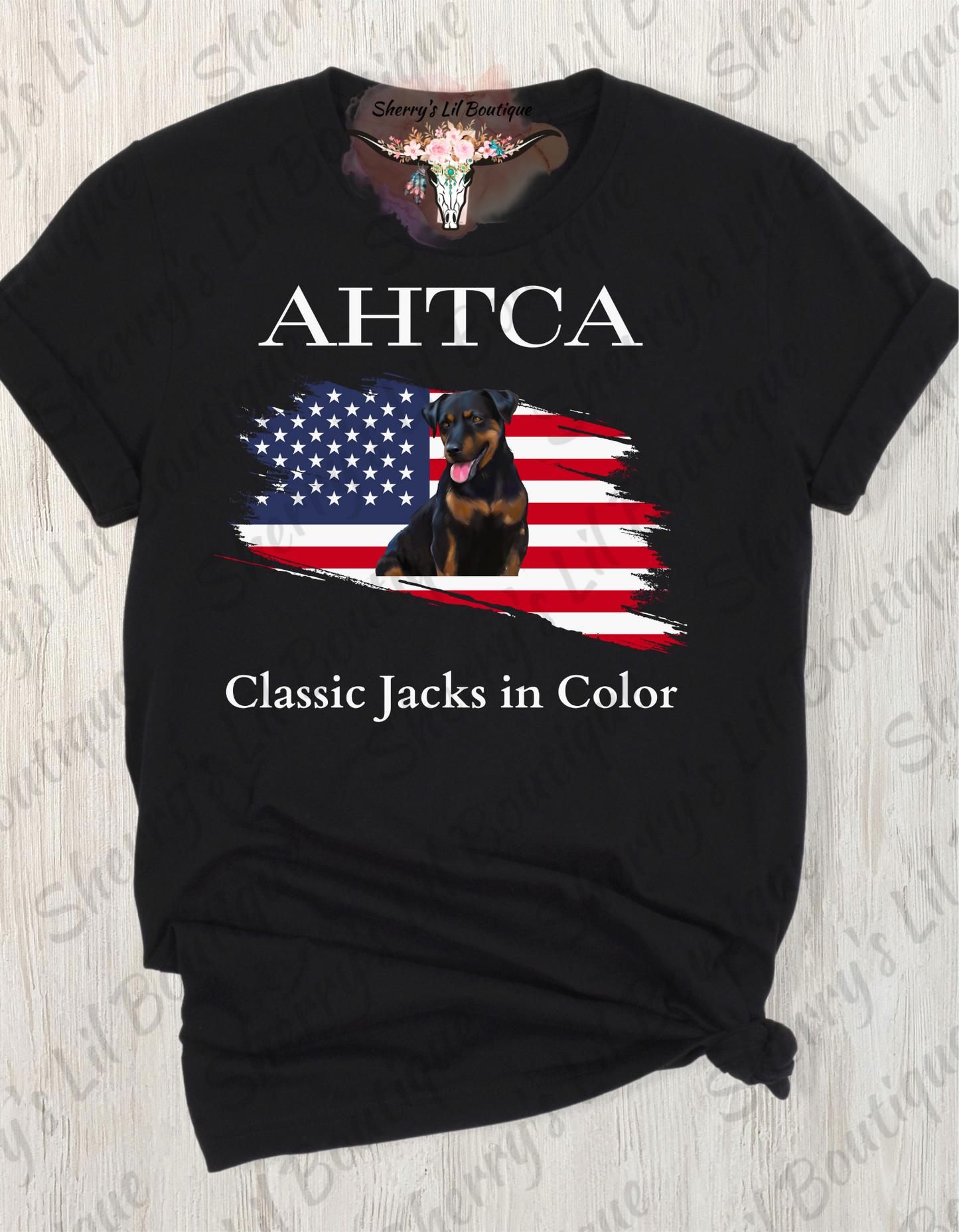 Black short sleeve tee with AHTCA graphic design