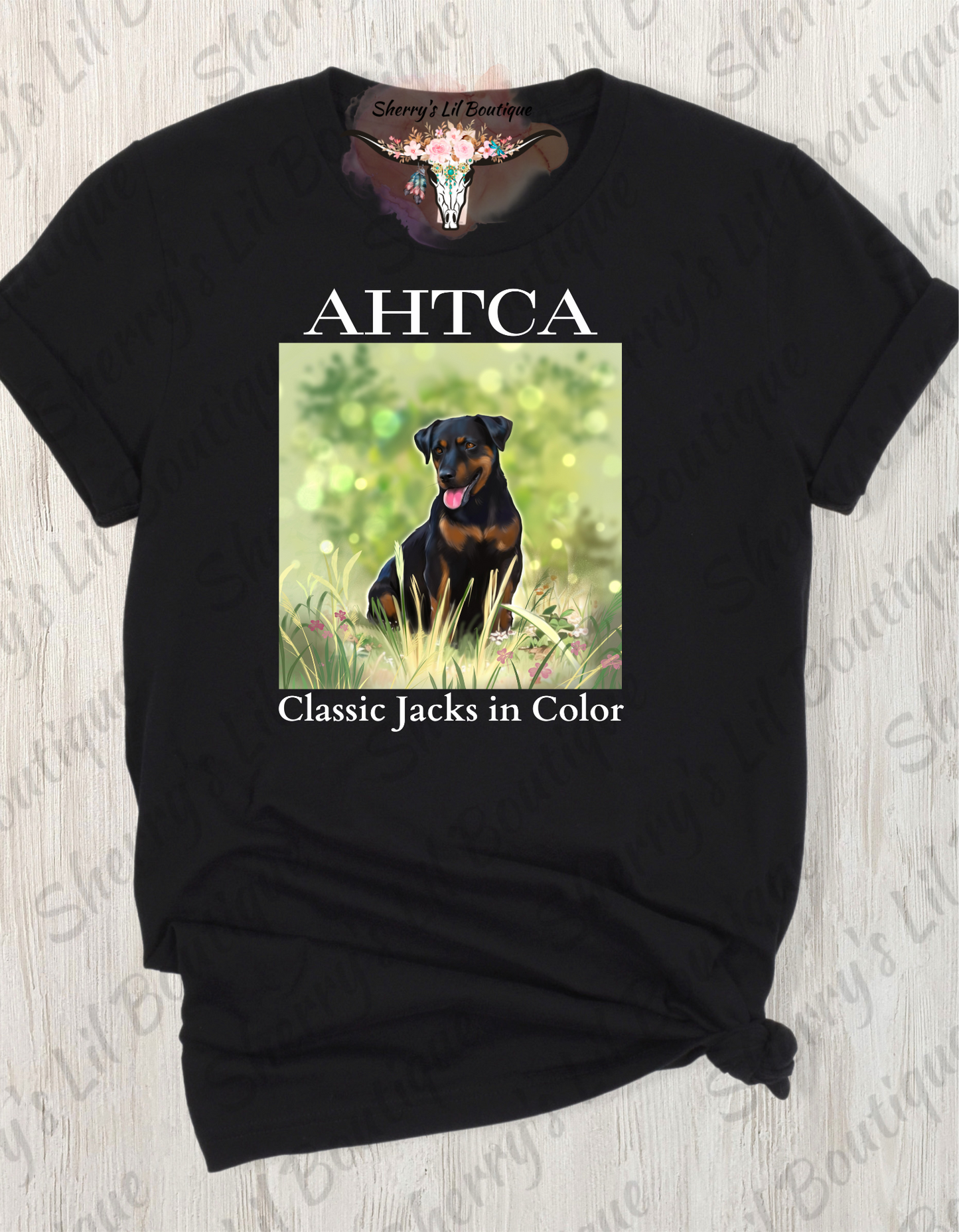 Black short sleeve tee with AHTCA graphic design