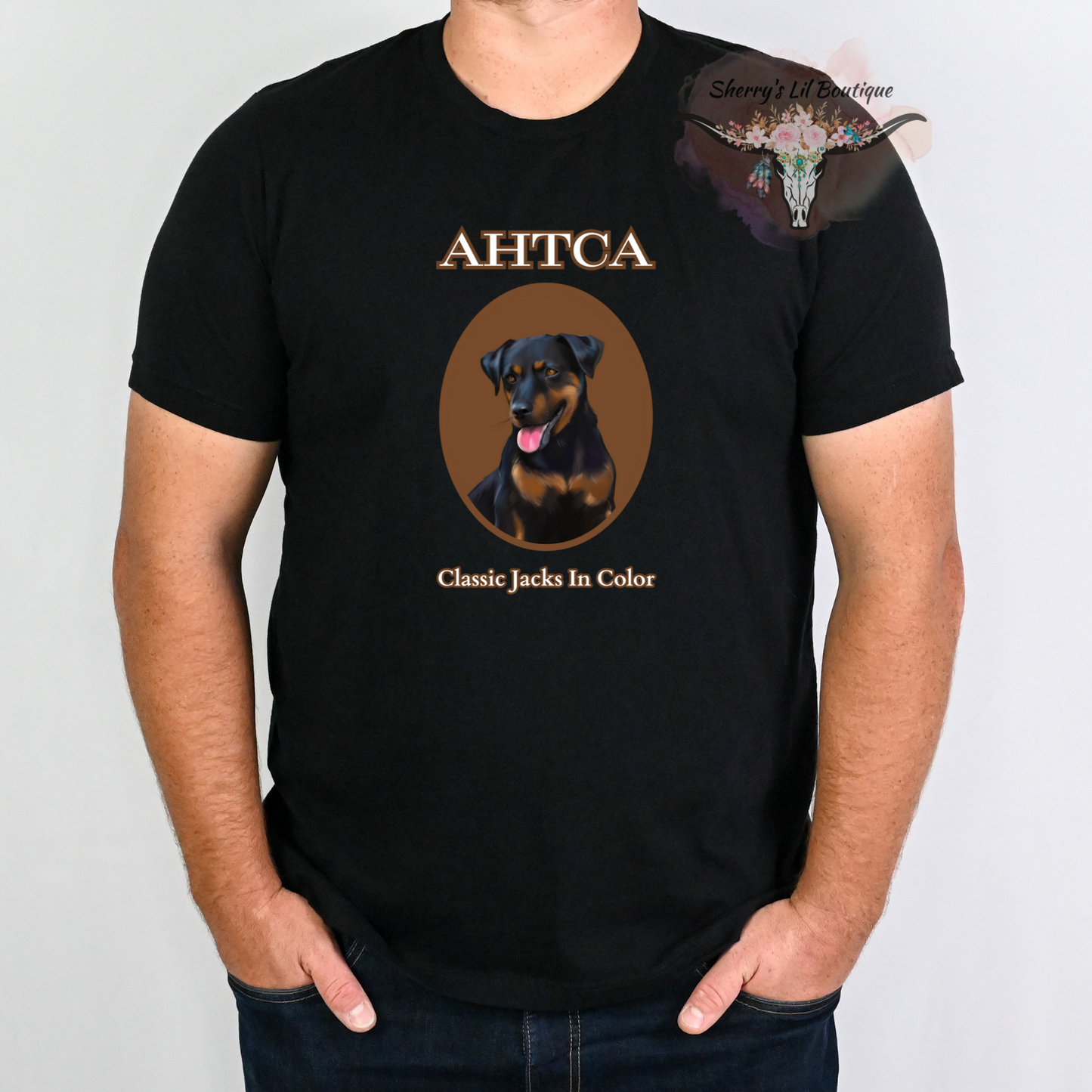 Black short sleeve tee with AHTCA graphic design