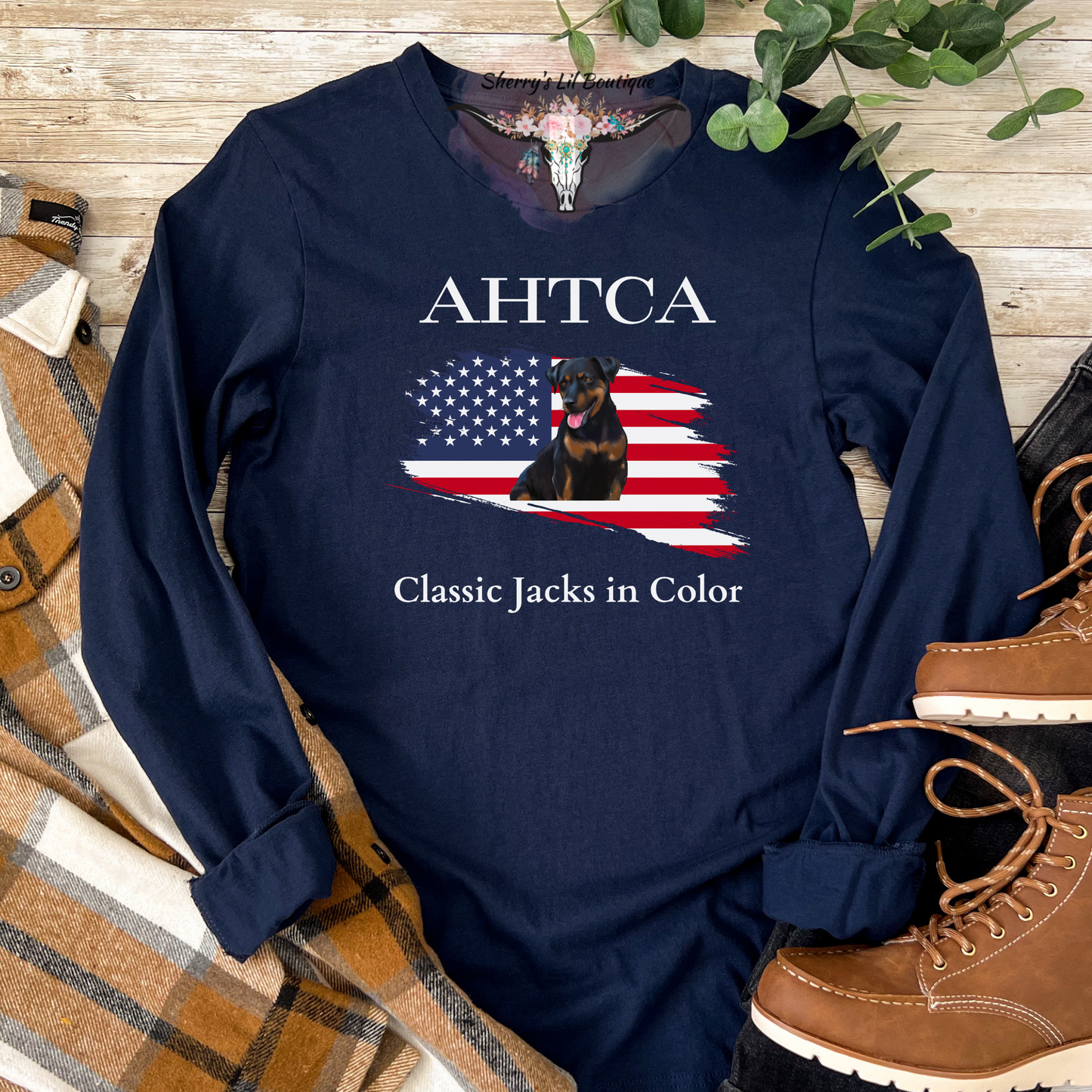 Navy long sleeve tee with AHTCA graphic design