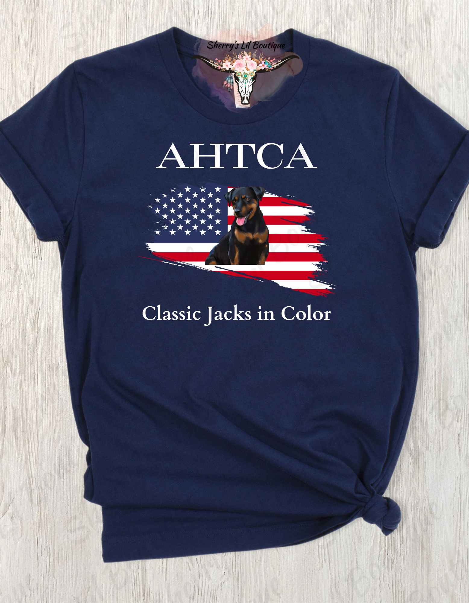 Navy short sleeve tee with AHTCA graphic design