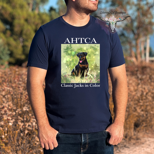 Navy short sleeve tee with AHTCA graphic design