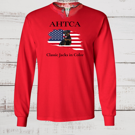 Red long sleeve tee with AHTCA graphic design