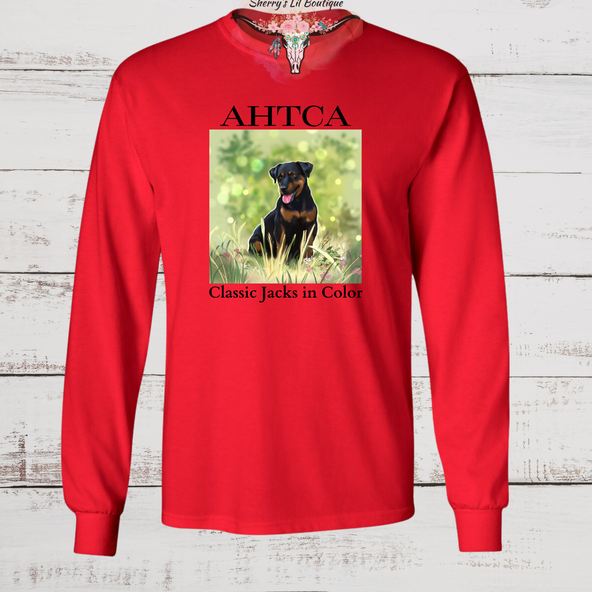 Red long sleeve tee with AHTCA graphic design