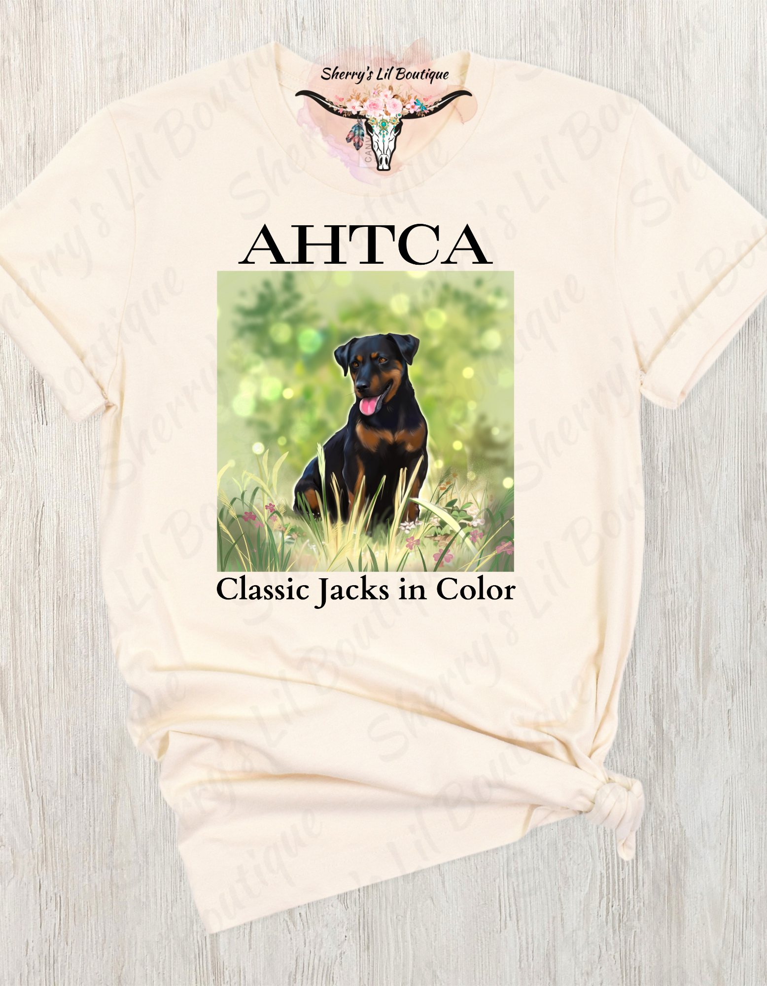 Sand short sleeve tee with AHTCA graphic design